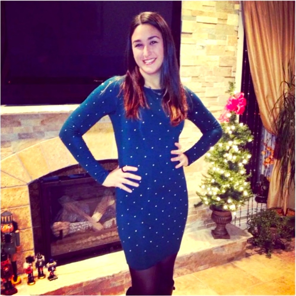 Sexy sparkly long sleeve stretchy teal dress